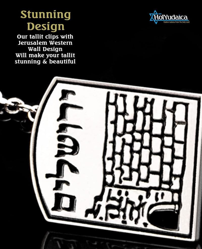 Clips for Tallit Prayer Shawl, Made in Israel, Silver & Black Color, with The Jerusalem Western Wall and Jerusalem Word Written in Hebrew, 3 cm / 3.5 cm - BeesActive Australia