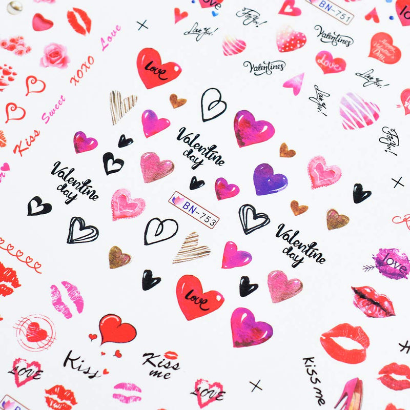 Mori Elves 24 Sheets Valentine Nail Art Stickers Valentines Day Nail Heart Water Transfer Decal Rose Lips Lipsticks Love for Women Girls DIY Nail Design Manicure Accessories - BeesActive Australia