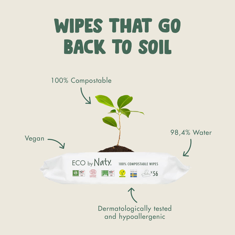 Eco by Naty Aloe Vera Baby Wipes, 672 count, Plant based Compostable Wipes, 0% plastic. No nasty chemicals, (Pack of 12) 56 Count (Pack of 12) - BeesActive Australia