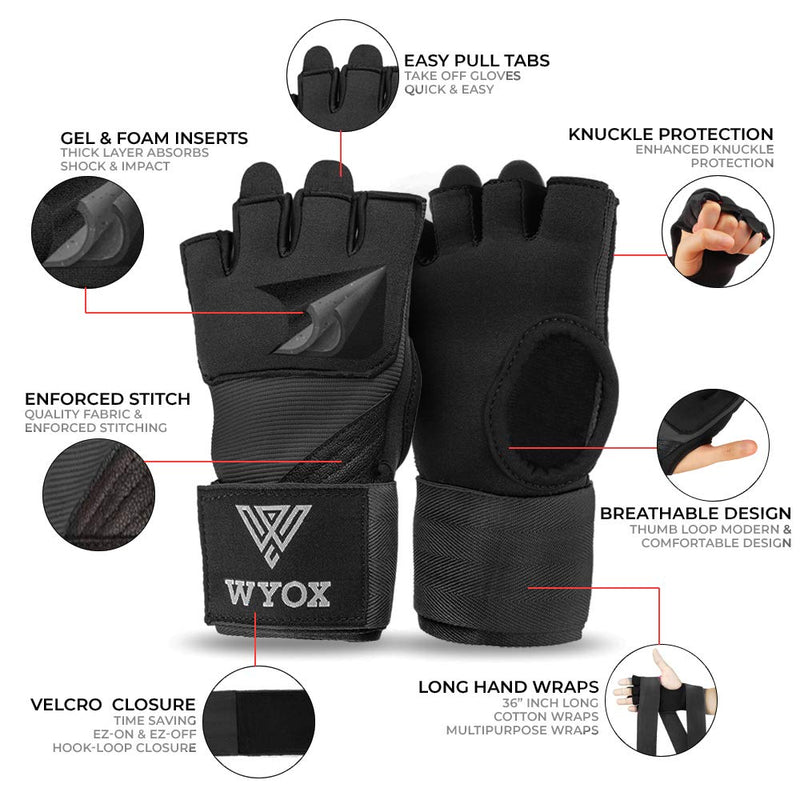 WYOX Boxing Wraps MMA Gloves Inner Boxing Gloves for Men Women Youth - EZ-Off & On - Thick Knuckle Padding - Breathable Fabric Hand Wraps Heavy Bag Gloves Black X-Small - BeesActive Australia