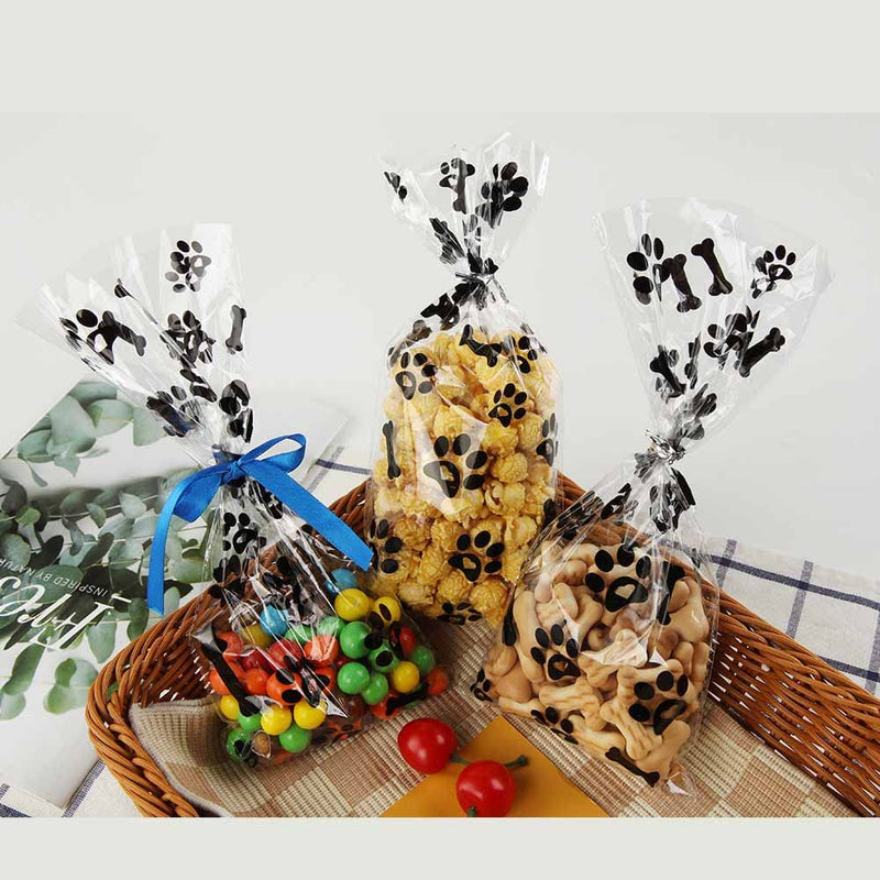 Mosoisy 100 Pack Paw Print Clear Plastic Cellophane Bags - Dog Paw Treat Bags 10.5X5" With Ribbon and Twist Ties Dog Gift Bags Candy Bags Cookie Bags Treat Bags with Ties and Ribbon Cellophane Treat Bags for Dog Party Favor and Supplies - BeesActive Australia