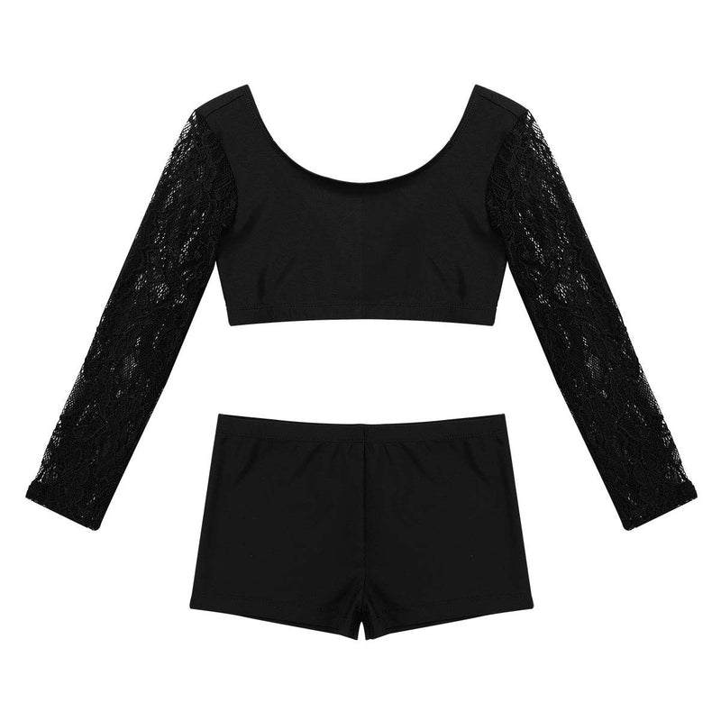 [AUSTRALIA] - ranrann Kids Girls Long Lace Sleeves Tank Top Gymnastic Activewear Ballet Dance Crop Top Tight Shorts Set Black 12 