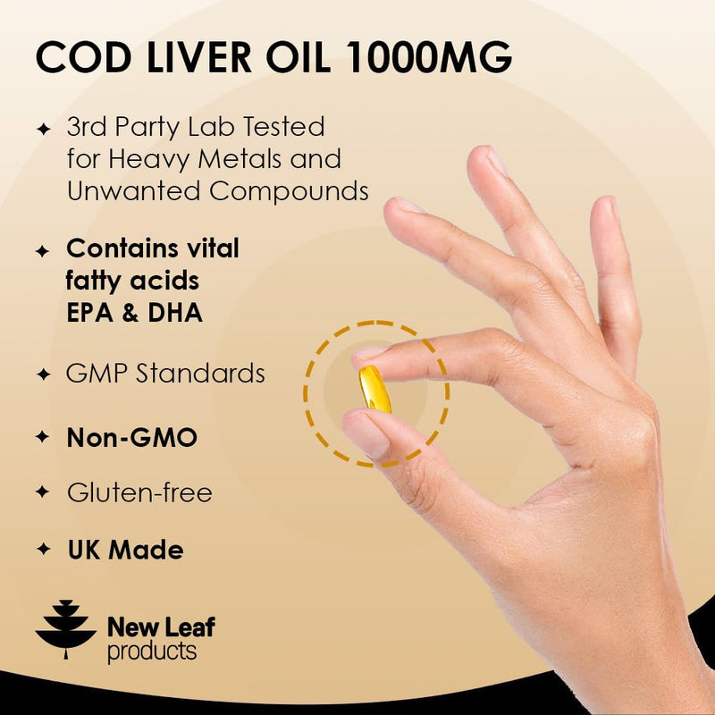 Cod Liver Oil Capsules 1000mg - 90 Cod Liver Capsules High Strength Softgels- Cod Liver Oil Rich in Omega 3 EPA DHA Fatty Acids + Vitamins A & D, High Strength Fish Oil - UK Made, by New Leaf - BeesActive Australia