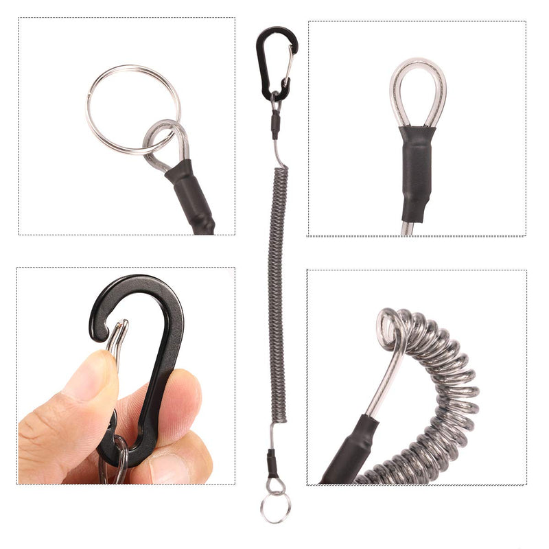[AUSTRALIA] - BB Hapeayou Fishing Lanyard (10Pcs) Retractable Safety Coiled Tether with Carabiner and Split Ring for Pliers, Boating, Tools(Black) 