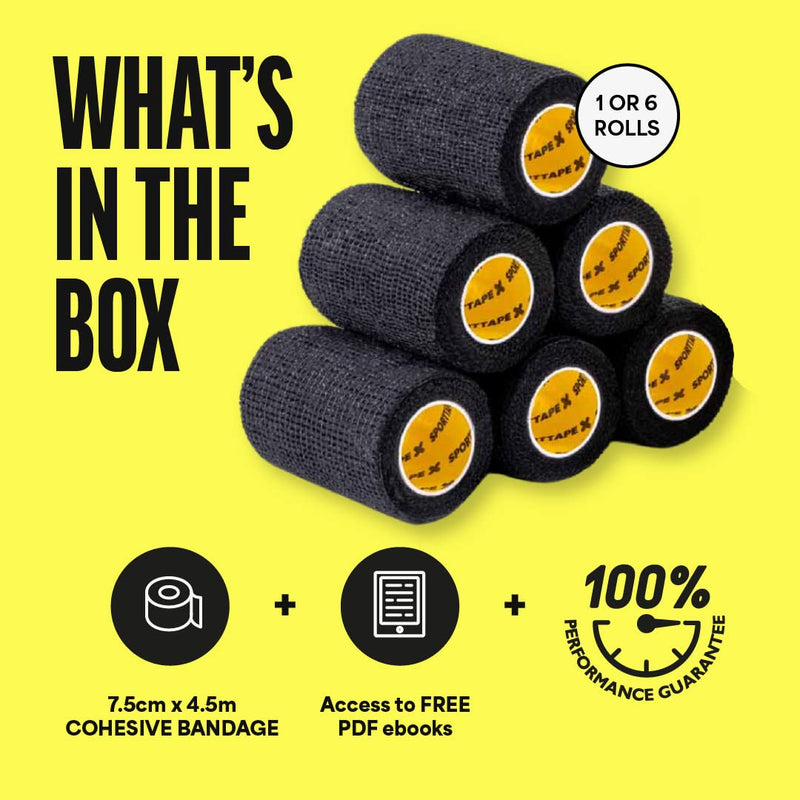 6 Rolls SPORTTAPE Self-Adhesive Football Sock Tape | 7.5cm x 4.5m - Black | Cohesive Bandage - Pet & Vet Wrap for Dogs & Horses | Compression Bandage, Shin Pad Tape, Football Ankle Tape 7.5x450 cm (Pack of 6) - BeesActive Australia