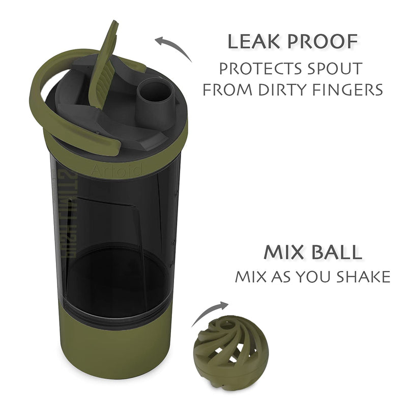 Artoid Mode 720ml Inspirational Sports Fitness Workout Protein Shaker Bottle with Twist and Lock Protein Box Storage, Dual Mixing Technology with Shaker Balls & Mixing Grids - BPA Free Black/Moss Green - BeesActive Australia