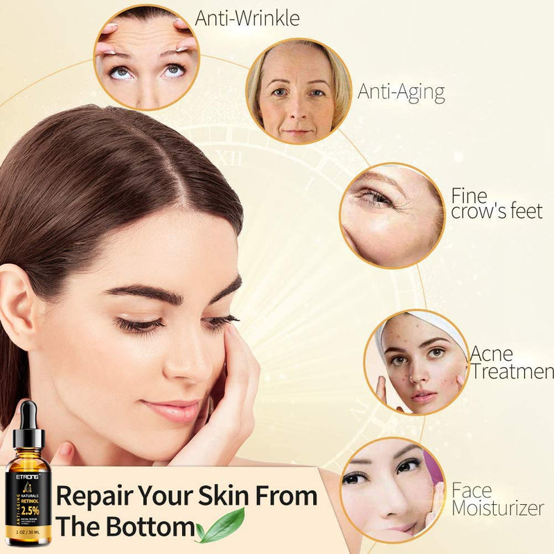 Retinol Serum,ETRONG High Strength Anti-aging Serum with 2.5% Retinol,Hyaluronic Acid and Vitamin E for Face Acne (30ml) 30 ml (Pack of 1) - BeesActive Australia