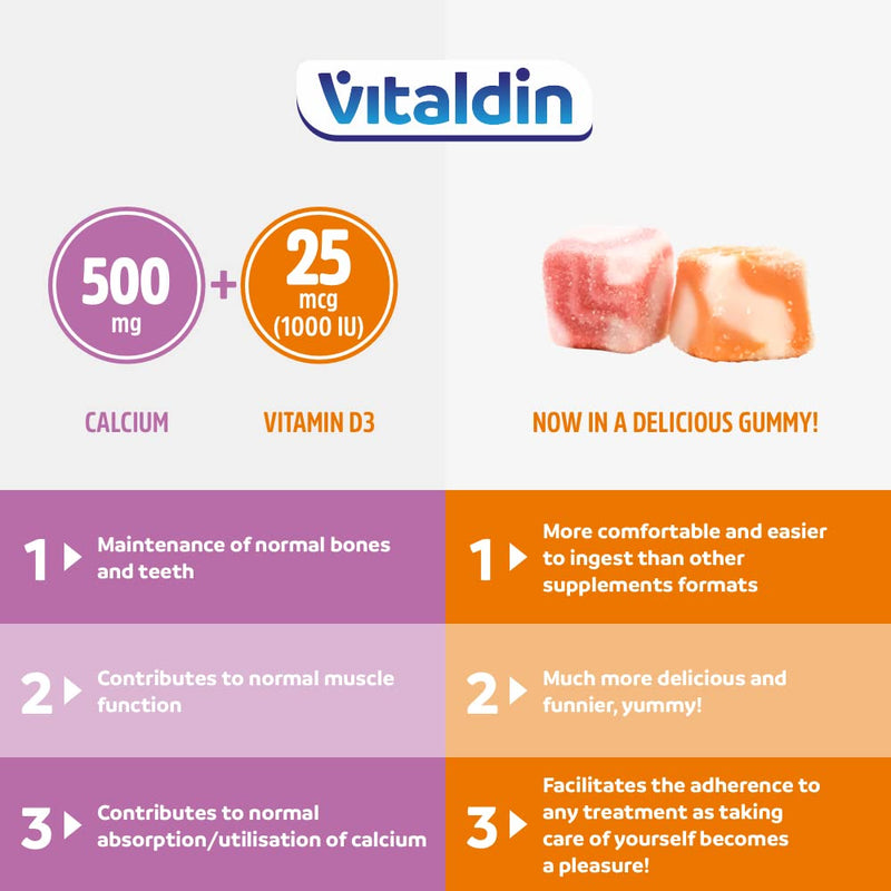 VITALDIN Calcium + Vitamin D3 Gummies � 500 mg Calcium & 1.000 IU Vitamin D per Serving � 60 Chewable Gummies (1-Month Supply); Fruit Flavour � Bone & Teeth Support � Gluten Free � for Kids & Adults - BeesActive Australia