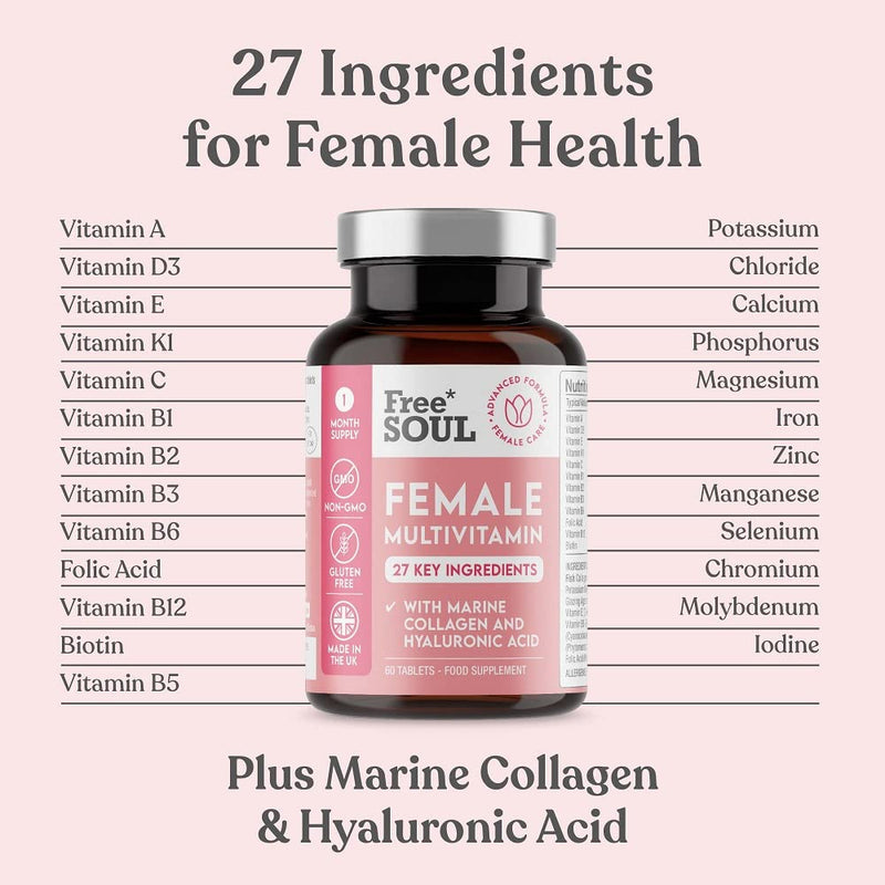 Women's Multivtamins and Minerals with Collagen & Hyaluronic Acid - 27 Essential Vitamins, Minerals, & Botanicals - 60 Tablets | Gluten-Free & No Synthetic Fillers or Binders | UK Made by Free Soul - BeesActive Australia