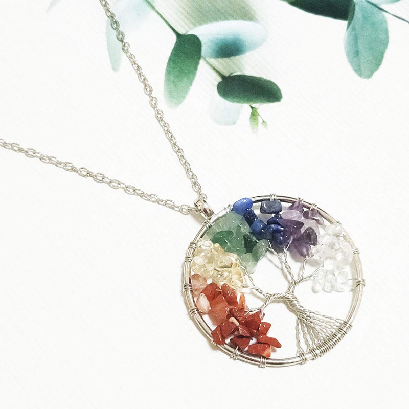 Tree of life Pendant Necklace Crystal Quartz Healing Stone 7 Chakra Chain Gemstone Wire Wrapped Tree Jewelry for Women Girls Men (Circle) Circle - BeesActive Australia