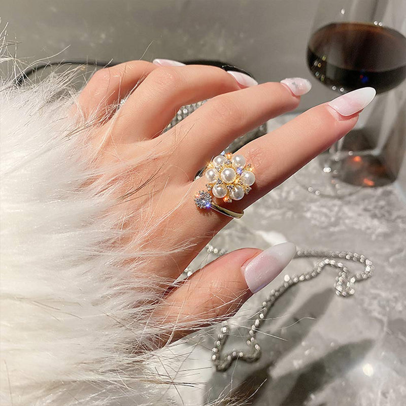 Aimimier Bridal Pearl Flower Index Finger Ring Vintage Adjustable Crystal Knuckle Ring Wedding Jewelry for Women and Girls - BeesActive Australia