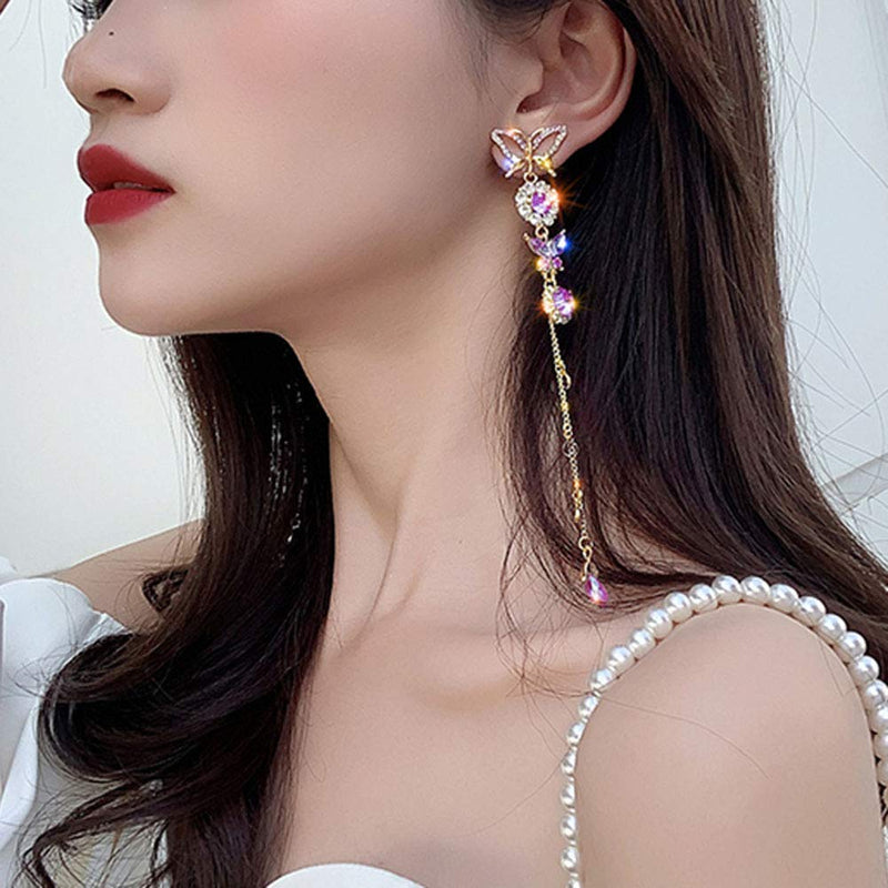 Xerling Charm Purple Crystal Butterfly Tassel Earrings Long Rhinestones Dangle Drop Earrings Delicate Butterflies Jewelry Wedding Bridal Accessories - BeesActive Australia