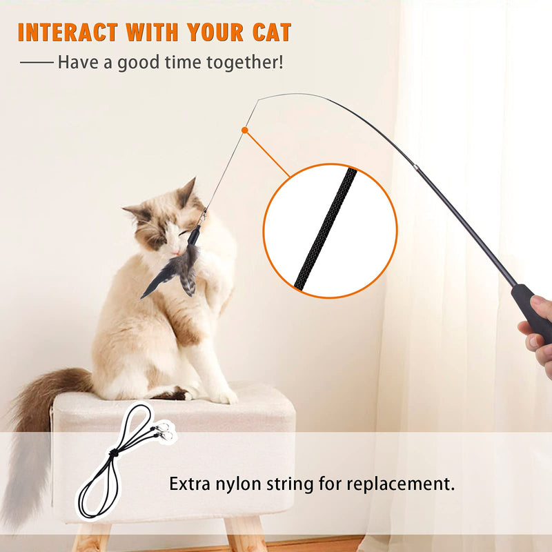 Retractable Cat Wand Toy for Indoor Cats Interactive Cat Feather Toys with Bell 8 Packs Kitten Toys with Fishing Pole Replaceable Worm Feather Tail Cat String Toy Gift for Indoor Outdoor - BeesActive Australia
