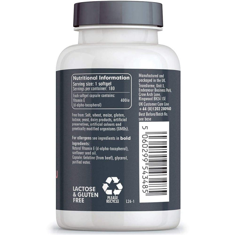 Transforme Vitamin E Capsules 400iu Natural Source, 180 Softgels, Natural Liquid D-Alpha Tocopherol, Higher Absorption Than Tablets, 6 Month Supply - BeesActive Australia