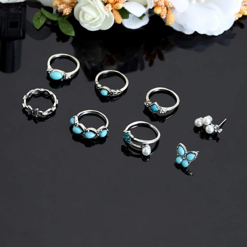 Edary Boho Turquoises Rings Set Silver Knuckle Rings Pearl Stud Earrings for Women and Girls.(8PCS) - BeesActive Australia