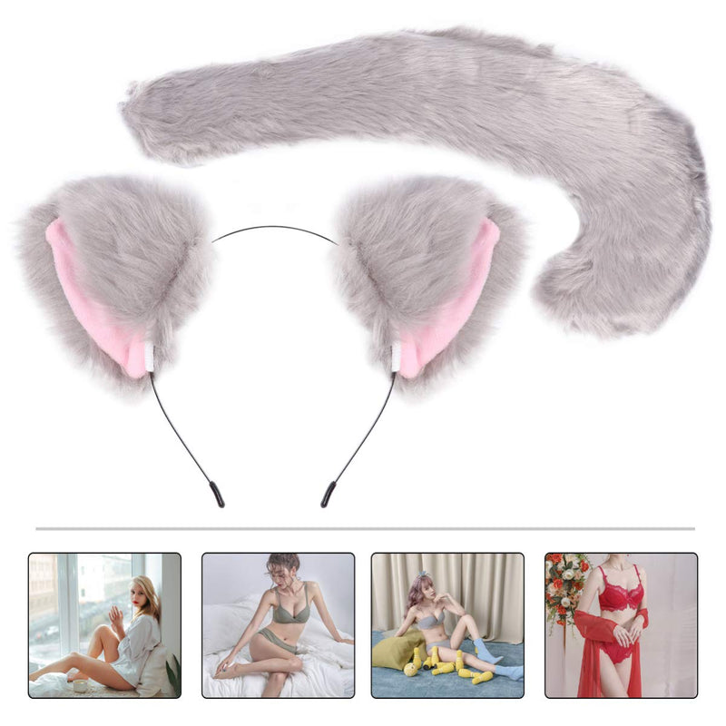 Minkissy 2pcs Wolf Fox Tail and Ears Set Hair Hoop Tail Set for Children or Adult Halloween Christmas Fancy Party Costume Accessories Light Grey - BeesActive Australia