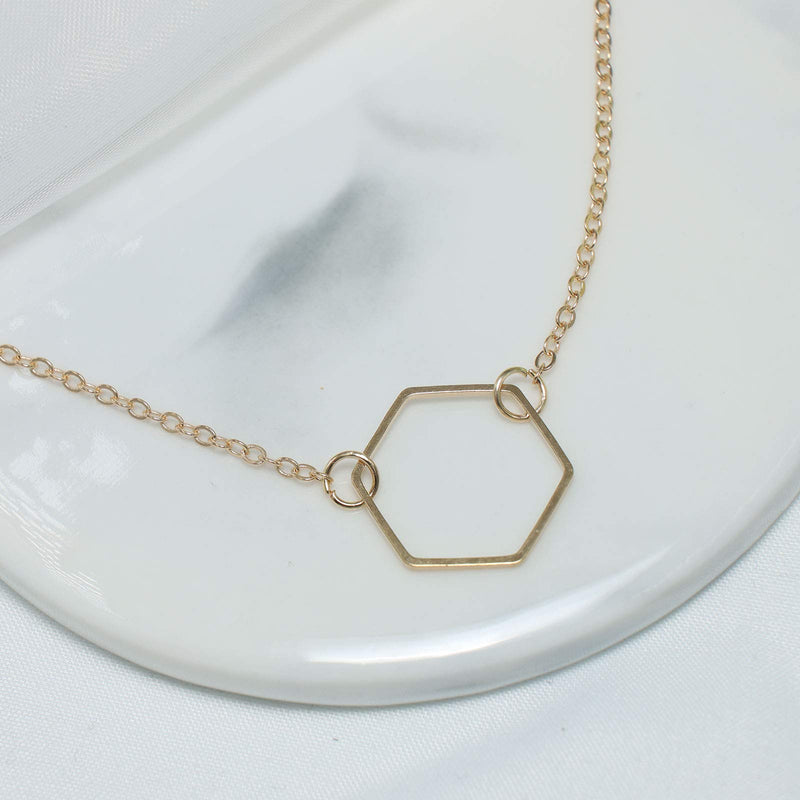 TseanYi Hexagon Frame Necklace Geometric Hollow Hexagon Pendant Necklace Choker Gold Skinny Minimalist Collar Necklace Chain Jewelry for Women and Girls (Gold) - BeesActive Australia