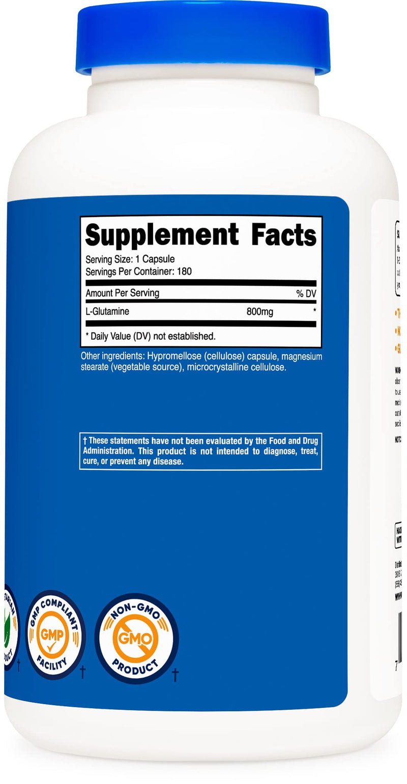 Nutricost L-Glutamine 800mg, 180 Capsules - Gluten Free, Non-GMO - BeesActive Australia