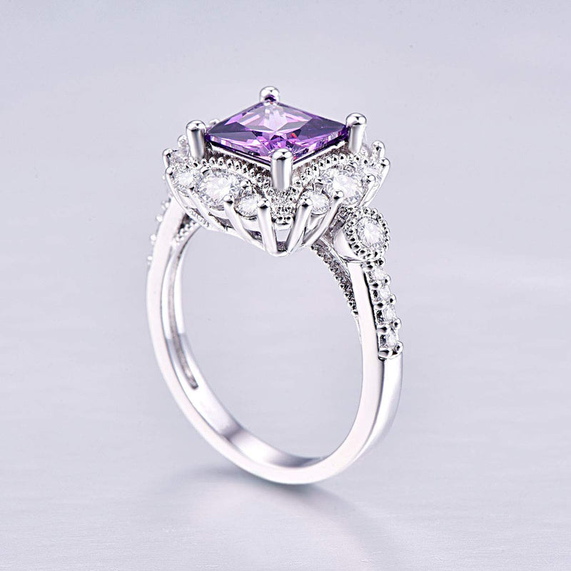 Empsoul 925 Sterling Silver Flower Ring Princess Cut Simulated Amethyst Wedding Ring Mother's Day Gift Size 9 US9 Purple - BeesActive Australia