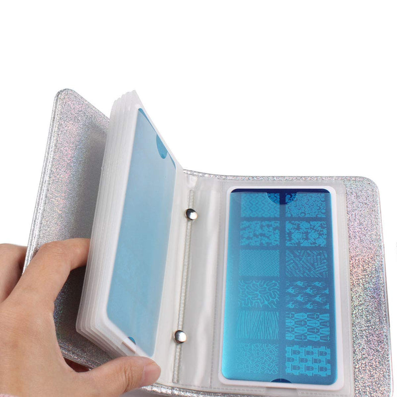 FingerAngel 20Slots Nail Stamping Plate Case Holographic Nail Art Image Holder Rainbow Laser Design Rectangular Nail Art Plate Organizer For Large Size 6X12CM Nail Art Plates (Silver) Silver - BeesActive Australia