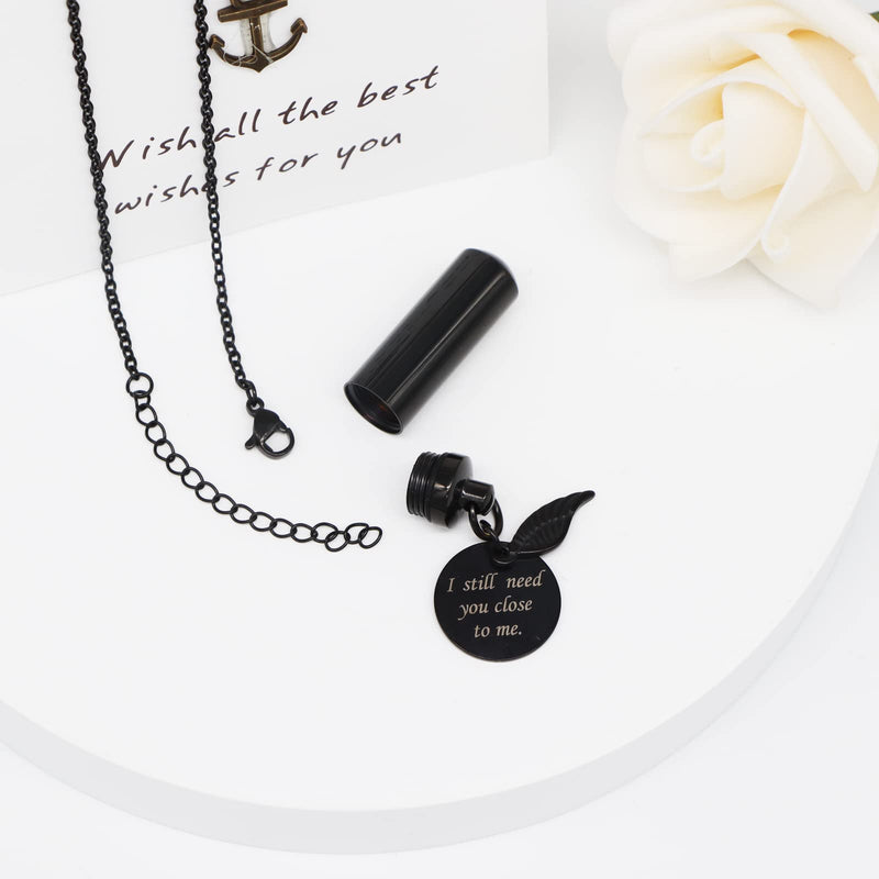 Cylinder Urn Necklace for Ashes Cremation Jewelry for Human Pet Stainless Steel Memorial Keepsake Pendant with Angel Wing Black - BeesActive Australia