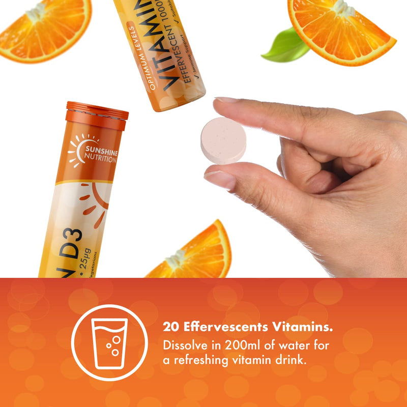 Sunshine Nutrition Vitamin D Effervescent Tablets - Dissolvable High Strength Vitamin D3-20 Vitamins Per Tube (4 Pack) 20 Count (Pack of 4) - BeesActive Australia