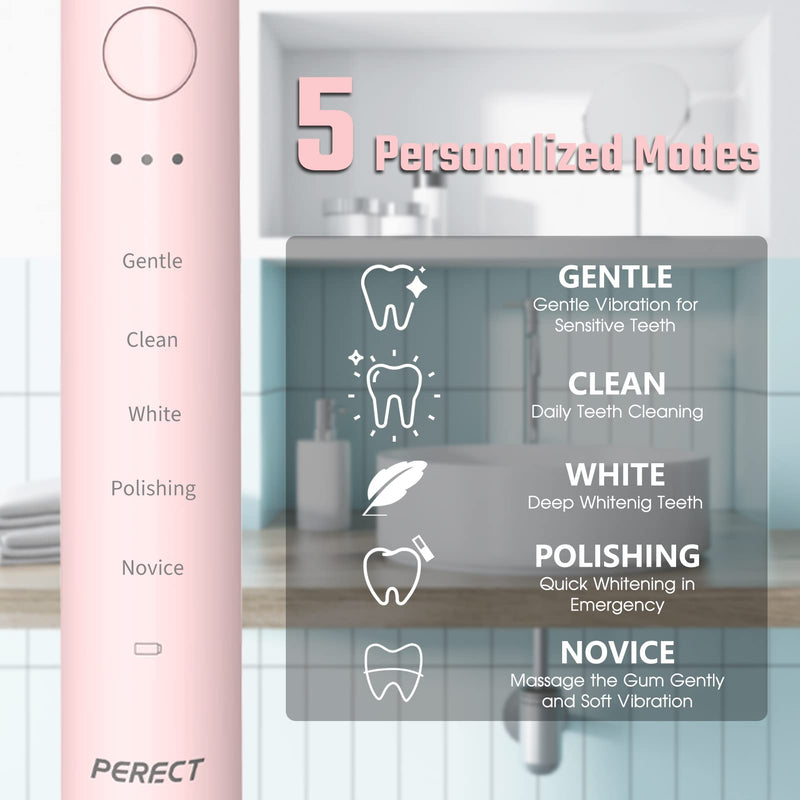 PERECT Ultrasonic Electric Toothbrush Adults with 6 Brush Heads, 5 Modes Electric Toothbrush, Travel Rechargeable Power Toothbrush with Smart Timer &Travel Case & Soft Picks, IPX7 Waterproof, Pink Light Pink - BeesActive Australia