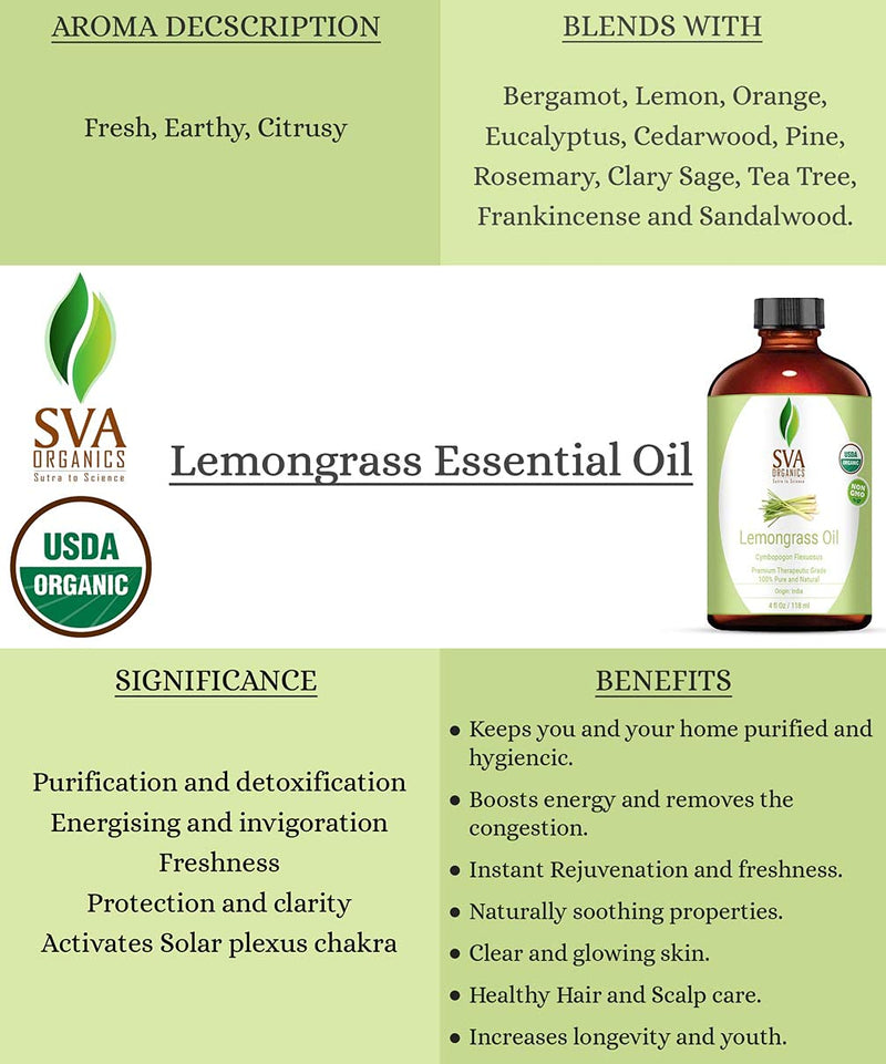 SVA Organics Lemongrass Oil Organic USDA 4 Oz 100% Pure Natural Undiluted Premium Therapeutic Grade Oil for Diffuser, Aromatherapy, Skin, Face & Hair - BeesActive Australia