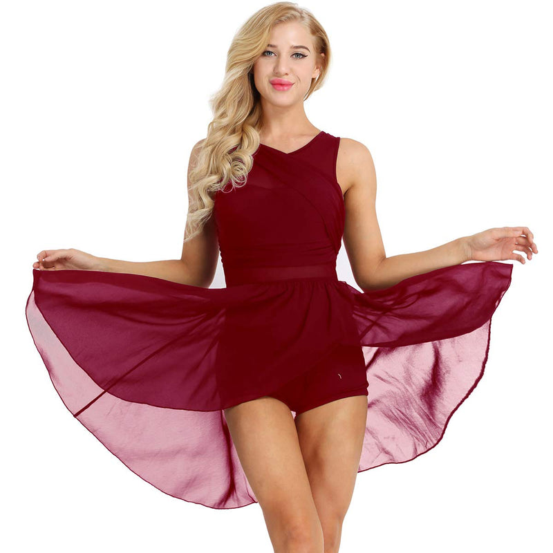 [AUSTRALIA] - iiniim Women Lyrical Dance Costume Dresses Mesh Wrap Plum High Low Skirt Camisole Leotard Medium Wine Red 