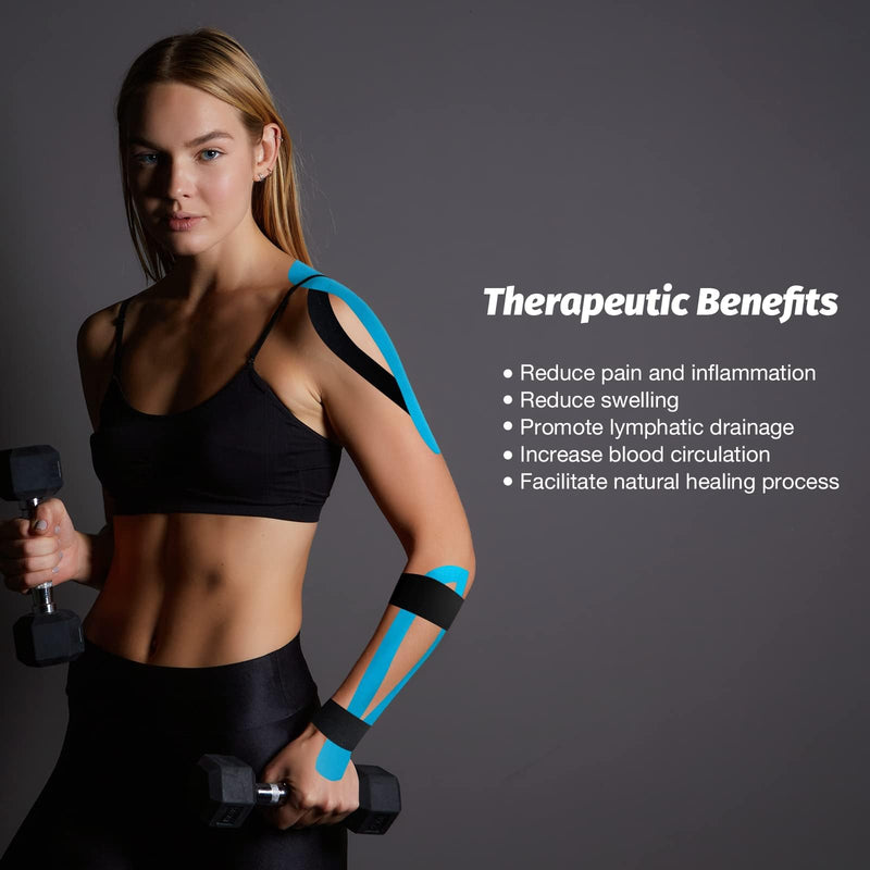 Kinesiology Tape Precut 2 Rolls, Elastic Kinesiology Therapeutic Tape for Physical Therapy, Sports and Injury Recovery, Athletic Sports Tape for Knee, Ankle & Shoulder (2 x 20 Strips) Blue + Black Precut(black+blue) - BeesActive Australia