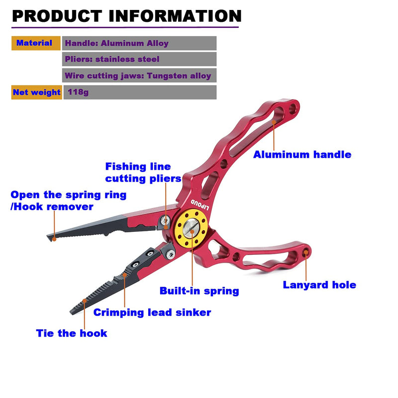 LIPOUD Aluminum Multitool Fishing Pliers with Hook Remover Lead Pressing Thread Cutting Split Ring and Lanyard Red - BeesActive Australia