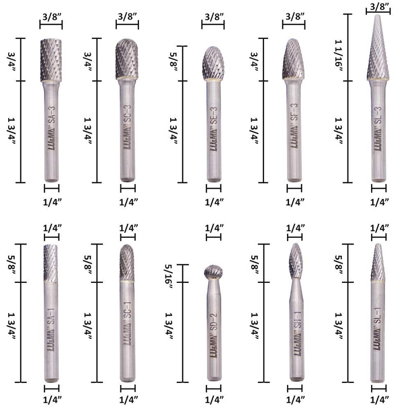 Carbide Burrs Set 10pcs, Double Cut Solid Carbide Rotary Burr Set 1/4" Shank for Die Grinder Drill,Metal Carving, Polishing,Engraving,Drilling by LU&MN 10PCS-SET - BeesActive Australia