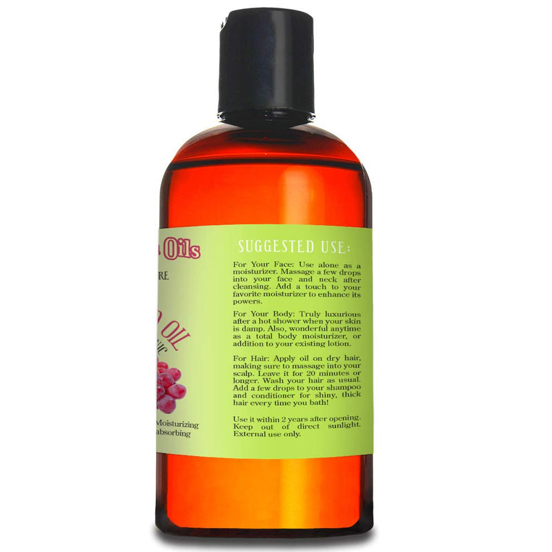 8oz Grape Seed Oil, 100% Pure and Natural, Organic, Moisturizer for Skin and Hair - Includes Pump & Flip Cap - BeesActive Australia