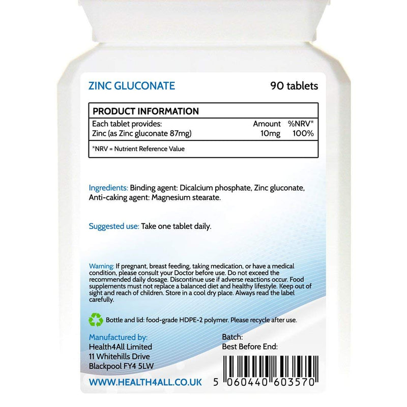 Zinc Gluconate 87mg 90 Tablets . 100% NRV. Each Tablet Provides 10mg of Elemental Zinc. Made by Health4All 90 Count (Pack of 1) - BeesActive Australia