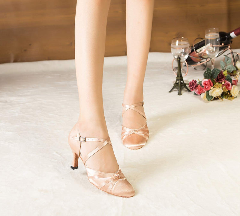 [AUSTRALIA] - Minishion Women's Latin Ballroom Ankle Strap Satin Dance Shoes Wedding Party Pumps L117 7 Nude-7.5cm Heel 