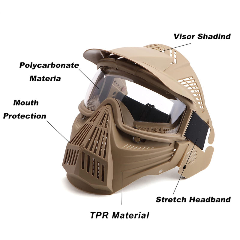 Senmortar Airsoft Mask Full Face Tactical Masks Protection Gear for Halloween CS Game Costume Accessories Motocross Cosplay Tan & Clear - BeesActive Australia