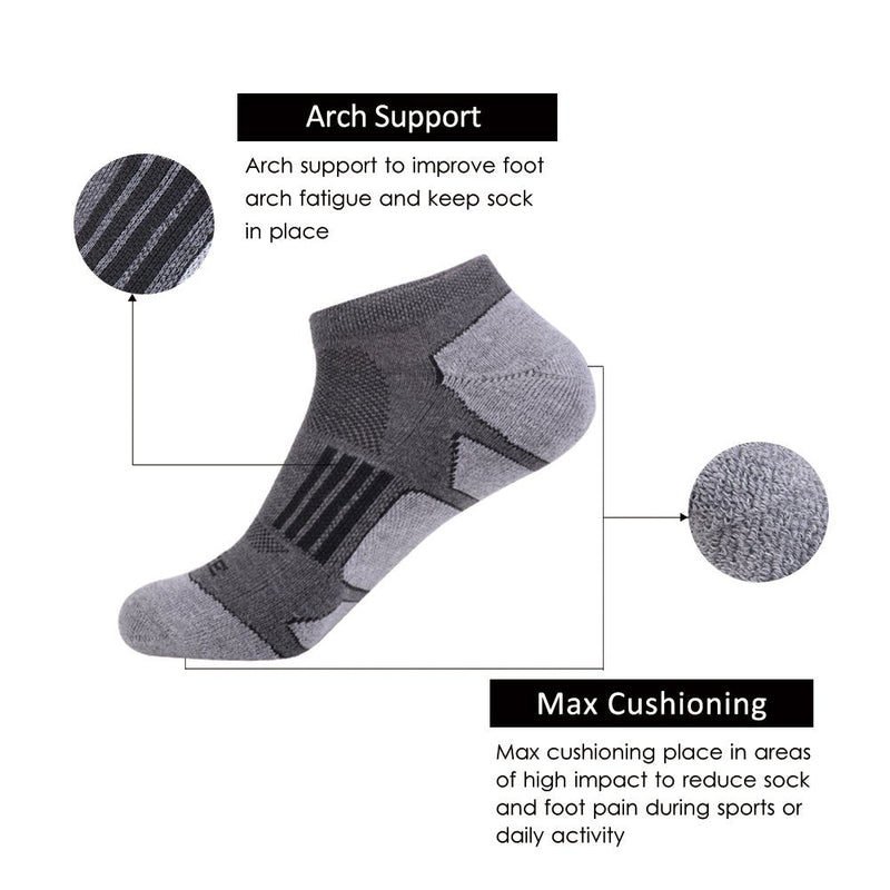 JOYNÉE Men's 6 Pack Athletic No Show Performance Cushioned Low Cut Running Socks Grey 1(6 Pairs) - BeesActive Australia