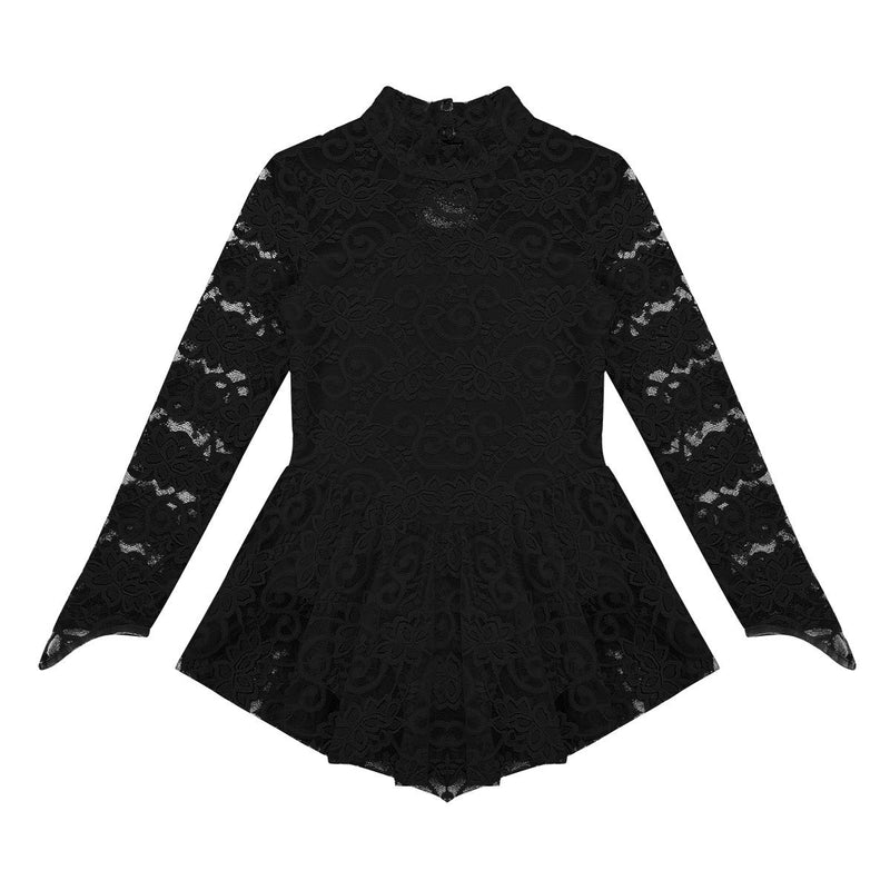 [AUSTRALIA] - CHICTRY Kids Girls Floral Lace Figure Roller Skating Dress Long Sleeve Gymnastics Dancewear with Mock Neck Black 9 / 10 