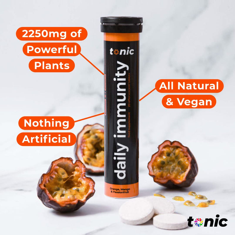 Tonic Health Immunity Supplement - 11 in 1 Vitamins, Minerals & Phytonutrients - Vitamin D, Vitamin C, Zinc - Natural, Vegan, No Sugar - Max Strength Effervescent Tablets - Orange & Mango (20 Tablets) 20 Count (Pack of 1) - BeesActive Australia