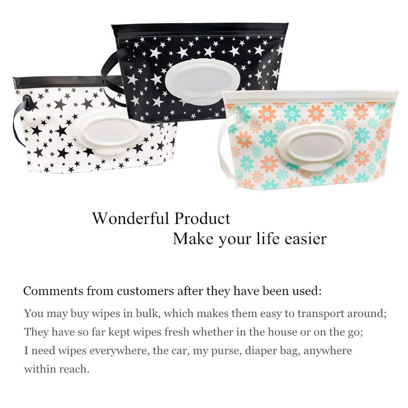 Portable Baby Wet Wipe Pouch Bags, Reusable & Refillable Wipes Dispenser, Eco Friendly & Lightweight Travel Wet Wipe Holder (2 Pack, Black Star) - BeesActive Australia