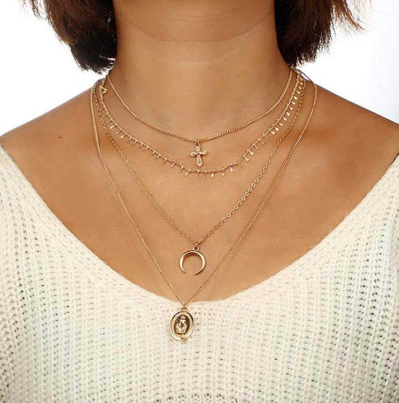 Jovono Gold Cross Choker Necklace Multilayered Crescent Moon Jesus Pendant Necklace Jewelry Chain for Women and Girls - BeesActive Australia