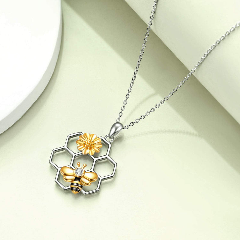 LUHE Bee Necklace 925 Sterling Silver honeycomb Cute Flower Pendant Necklaces for Women Christmas Gifts for Her - BeesActive Australia