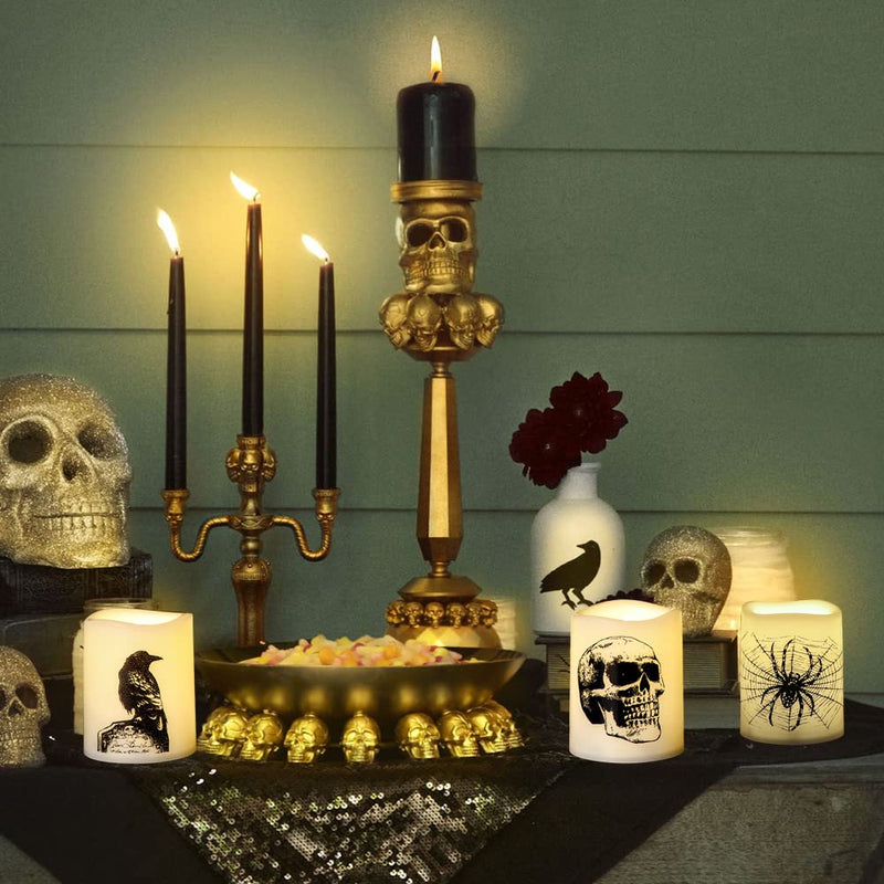 Wondise Halloween Flameless Tea Light Candles with Timer, 6 pcs Battery Operated LED Flickering Votive Candle with Skull Spider Crow Print for Halloween Decoration - BeesActive Australia