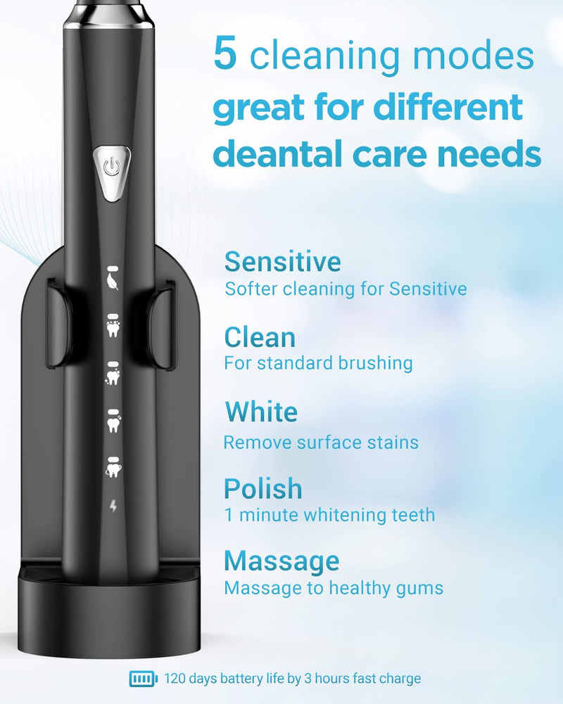 Electric Toothbrush Rechargeable Sonic Toothbrushes for Adults with 5 Brushing Modes and 6 Tooth Brush Replacement Head, 120 Days of Use with 3-Hour Fast Charge, Smart Timer and Deep Cleaning Black - BeesActive Australia