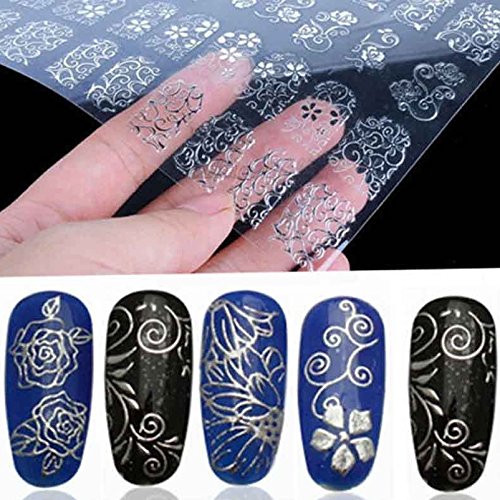 Warm Girl 108Pcs 3D Silver Flower Nail Art Stickers Decals Stamping DIY Decoration Tools Sliver - BeesActive Australia