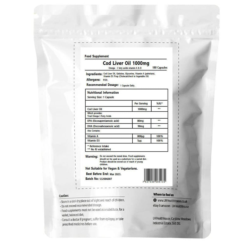 Cod Liver Oil Capsules - 1000mg x 180 - High Strength - Omega 3 Fatty Acids Vitamin A & D - EPA (Eicosapentaenoic Acid) & DHA (Docosahexaenoic Acid) - BeesActive Australia
