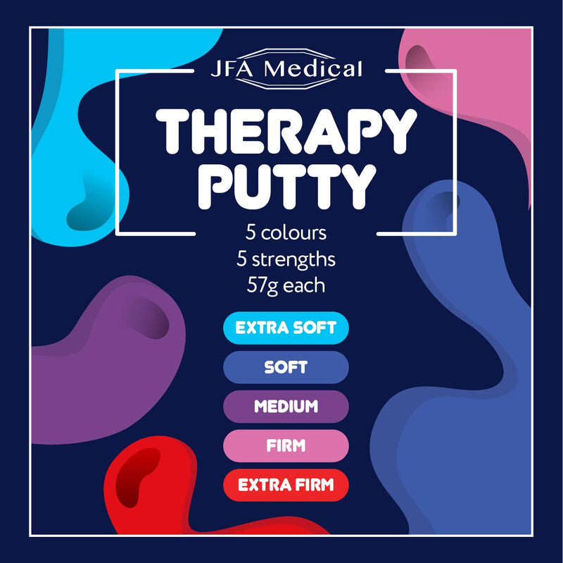 JFA Medical Therapy Exercise Putty 5 Strengths Alternative Colours - Extra Soft, Soft, Medium, Firm, Extra Firm 57g Tubs - BeesActive Australia