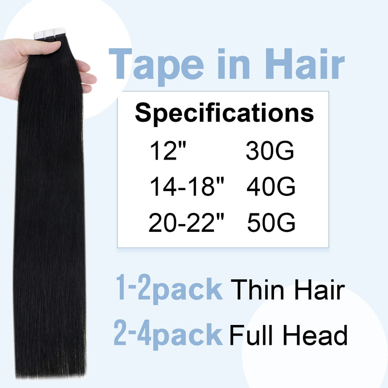 Easyouth Black Tape in Hair Extensions Human Hair Jet Black Tape in Extensions Real Remy Hair Extensions Tape in Black 12 Inch 30g 20Pcs #1 - BeesActive Australia
