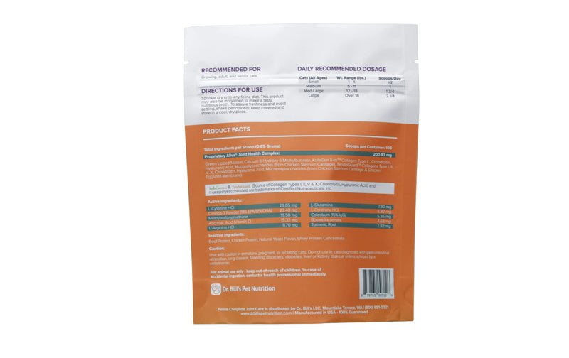 Dr. Bill’s Feline Complete Joint Care | Pet Supplement | Advanced Hip & Joint Supplement for Cats | Contains Green Lipped Mussel Extract, Collagen Type II, Chondroitin, Hyaluronic Acid, and Colostrum - BeesActive Australia
