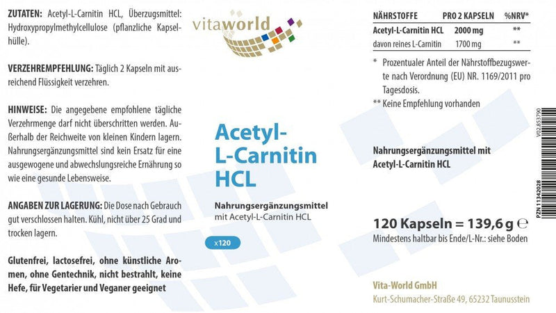 Vita World Acetyl L-carnitine 1000 mg Each Capsule 120 Capsules high Bioavailability Made in Germany - BeesActive Australia